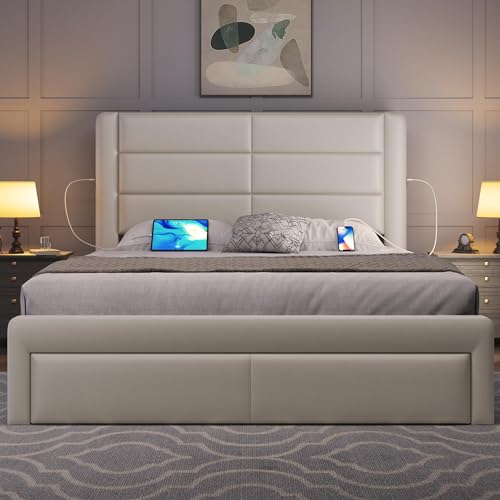 Beige Queen Bed Frame with USB Charging, Storage