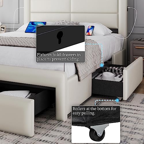 Beige Queen Bed Frame with USB Charging, Storage
