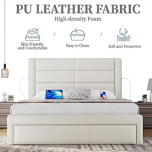 Beige Queen Bed Frame with USB Charging, Storage