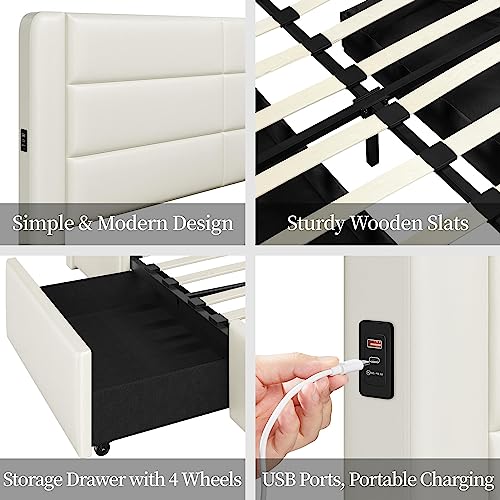 Beige Queen Bed Frame with USB Charging, Storage
