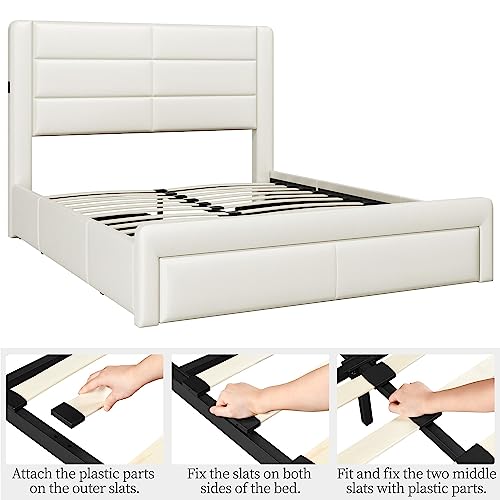 Beige Queen Bed Frame with USB Charging, Storage