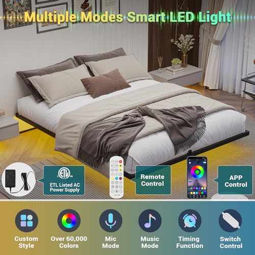 Queen Size Floating Bed Frame with LED Lights