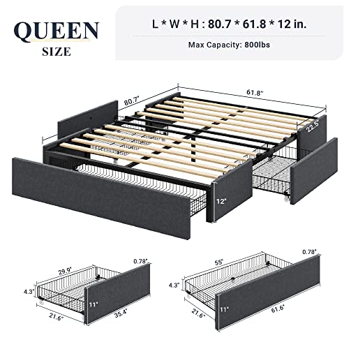 Allewie Queen Platform Bed Frame with 3 Storage Drawers