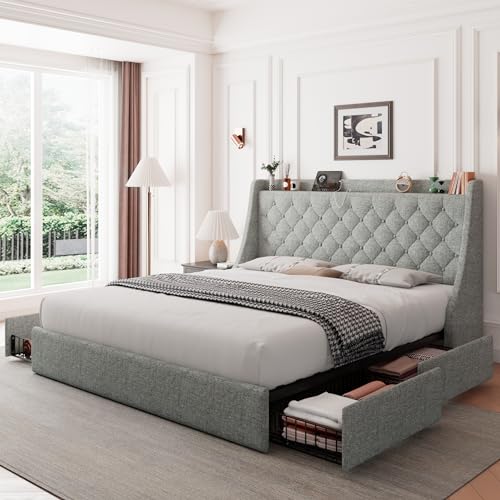 Feonase Queen Storage Bed Frame with Upholstered Headboard