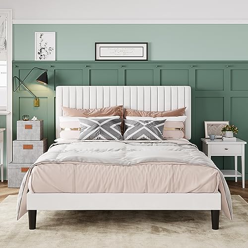 Velvet Upholstered Platform Bed with Adjustable Headboard, White