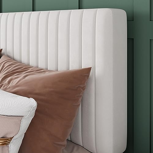 Velvet Upholstered Platform Bed with Adjustable Headboard, White