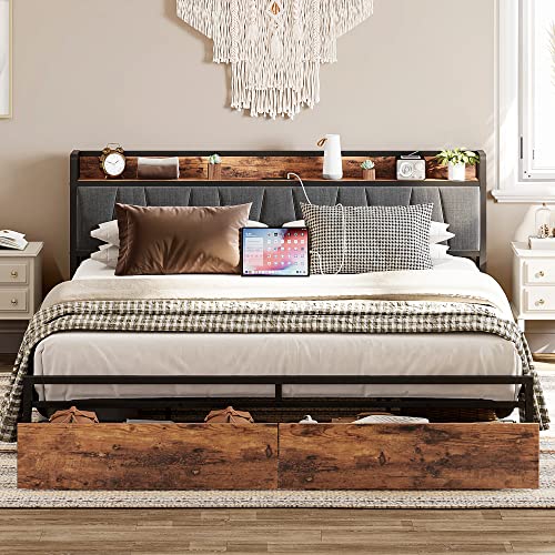 LIKIMIO King Bed Frame, Storage Headboard, Charging Station, Vintage Brown/Gray