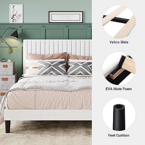 Velvet Upholstered Platform Bed with Adjustable Headboard, White