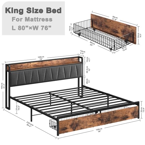 LIKIMIO King Bed Frame, Storage Headboard, Charging Station, Vintage Brown/Gray