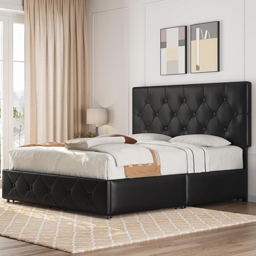 Yaheetech Queen Upholstered Bed Frame with 4 Drawers