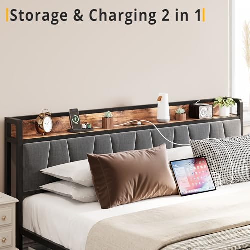 LIKIMIO King Bed Frame, Storage Headboard, Charging Station, Vintage Brown/Gray