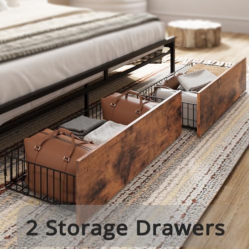LIKIMIO King Bed Frame, Storage Headboard, Charging Station, Vintage Brown/Gray