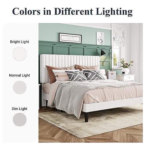 Velvet Upholstered Platform Bed with Adjustable Headboard, White