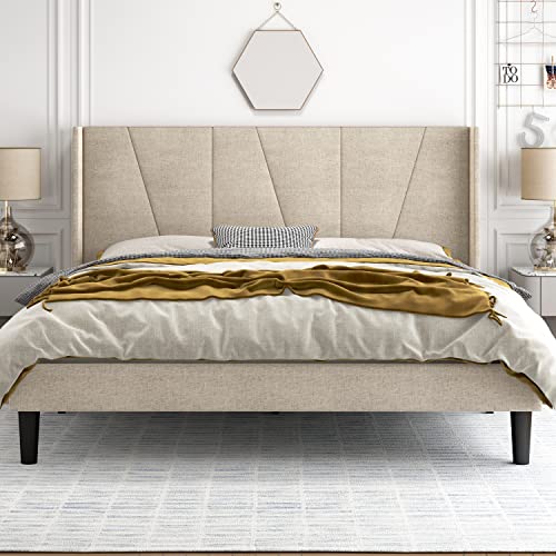 Modern Style Queen Size Bed Frame with Geometric Wingback