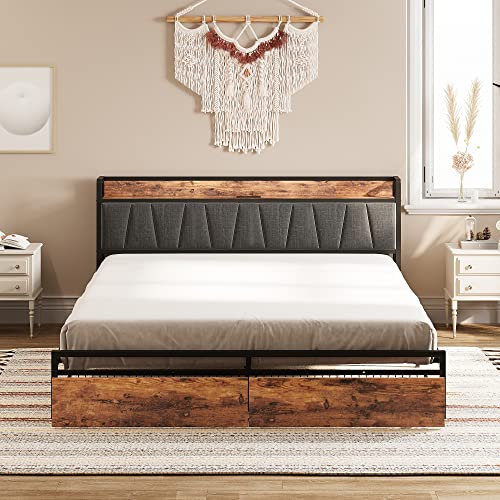 LIKIMIO King Bed Frame, Storage Headboard, Charging Station, Vintage Brown/Gray