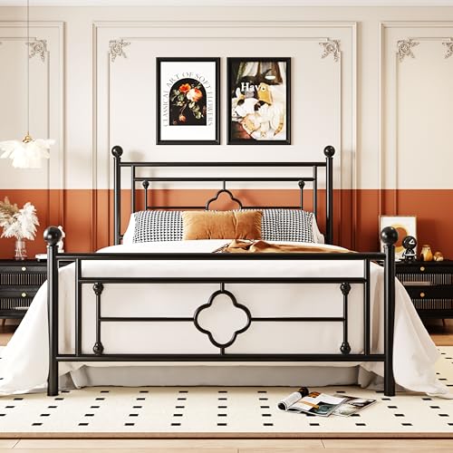 Vintage Metal Queen Bed Frame with Headboard/Footboard/Storage, Black