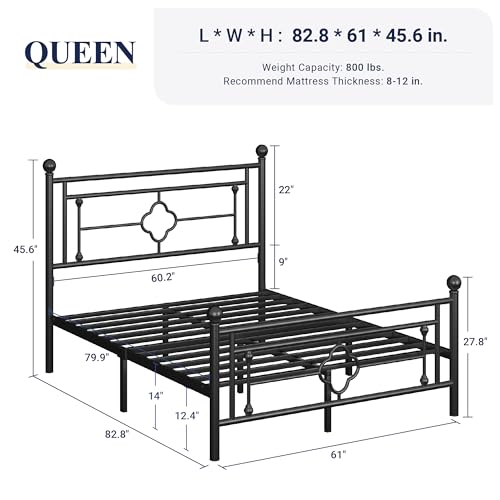 Vintage Metal Queen Bed Frame with Headboard/Footboard/Storage, Black