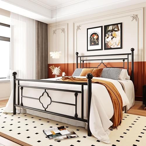 Vintage Metal Queen Bed Frame with Headboard/Footboard/Storage, Black