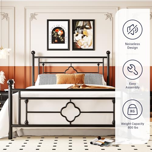Vintage Metal Queen Bed Frame with Headboard/Footboard/Storage, Black