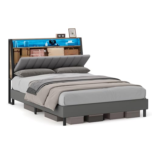 VASAGLE LED Full Size Bed Frame with Storage Headboard, Charging Station - Dove Gray & Camel Brown