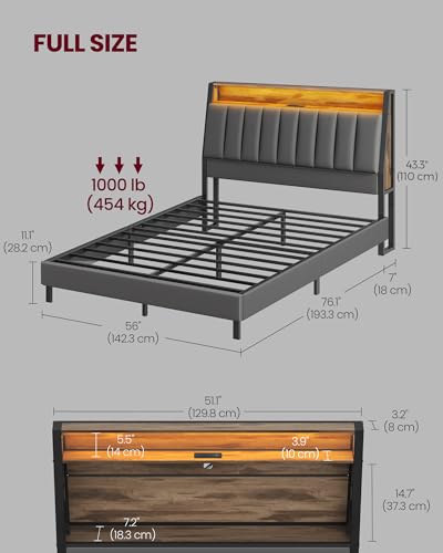VASAGLE LED Full Size Bed Frame with Storage Headboard, Charging Station - Dove Gray & Camel Brown