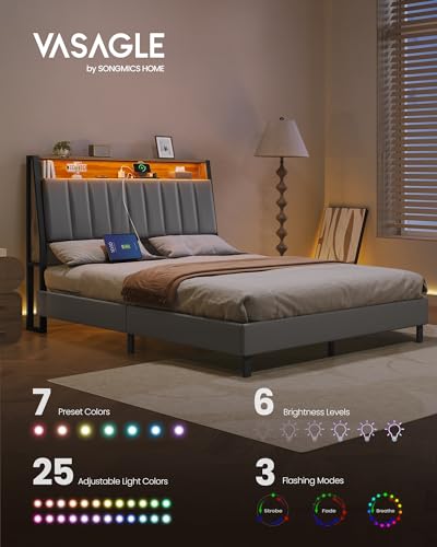 VASAGLE LED Full Size Bed Frame with Storage Headboard, Charging Station - Dove Gray & Camel Brown