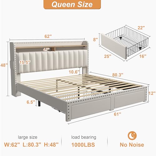 Upholstered Queen Bed Frame with Headboard and Storage