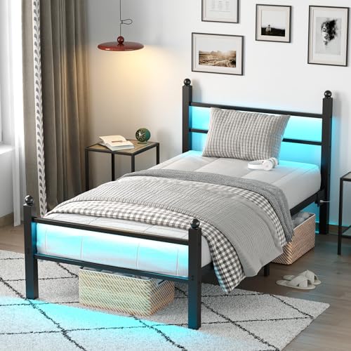 Twin Bed Frame with Headboard/Footboard, Steel Slats, Charging Station
