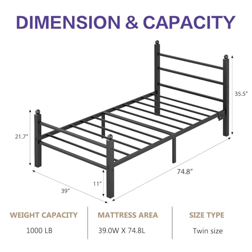 Twin Bed Frame with Headboard/Footboard, Steel Slats, Charging Station