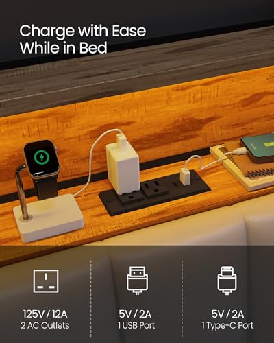 VASAGLE LED Full Size Bed Frame with Storage Headboard, Charging Station - Dove Gray & Camel Brown