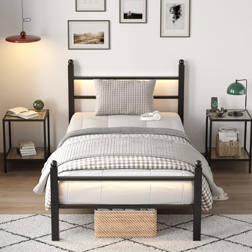 Twin Bed Frame with Headboard/Footboard, Steel Slats, Charging Station