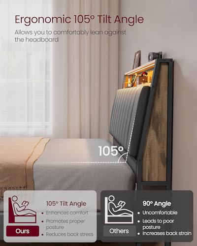 VASAGLE LED Full Size Bed Frame with Storage Headboard, Charging Station - Dove Gray & Camel Brown