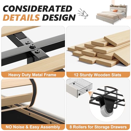 Upholstered Queen Bed Frame with Headboard and Storage
