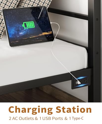 Twin Bed Frame with Headboard/Footboard, Steel Slats, Charging Station