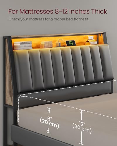 VASAGLE LED Full Size Bed Frame with Storage Headboard, Charging Station - Dove Gray & Camel Brown