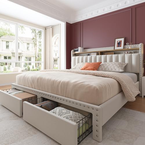 Upholstered Queen Bed Frame with Headboard and Storage