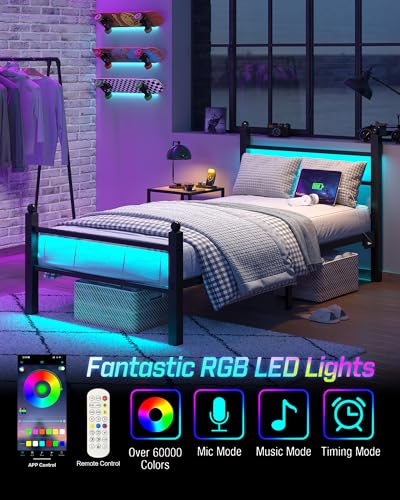 Twin Bed Frame with Headboard/Footboard, Steel Slats, Charging Station