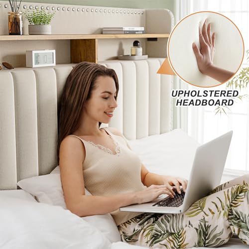 Upholstered Queen Bed Frame with Headboard and Storage