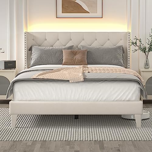 Upholstered Full Size Bed Frame with Wingback Headboard
