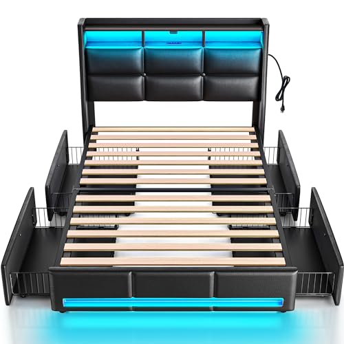 Rolanstar Twin Bed Frame with LED Lights & Storage