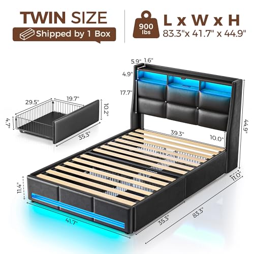 Rolanstar Twin Bed Frame with LED Lights & Storage