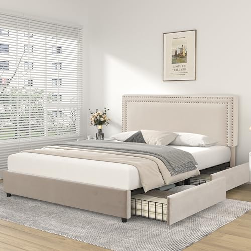 Veccelo Queen Platform Bed Frame with Storage Drawers