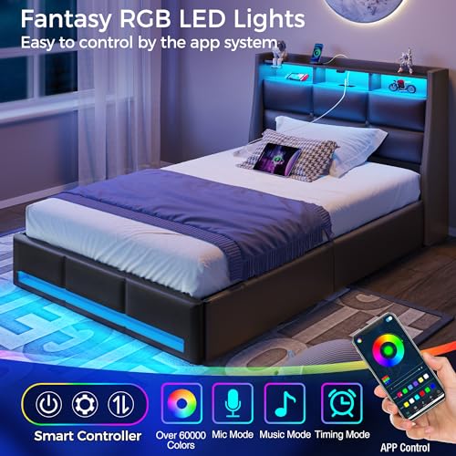 Rolanstar Twin Bed Frame with LED Lights & Storage