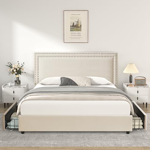 Veccelo Queen Platform Bed Frame with Storage Drawers