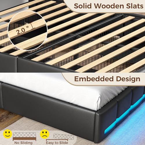 Rolanstar Twin Bed Frame with LED Lights & Storage