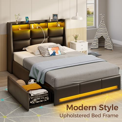 Rolanstar Twin Bed Frame with LED Lights & Storage