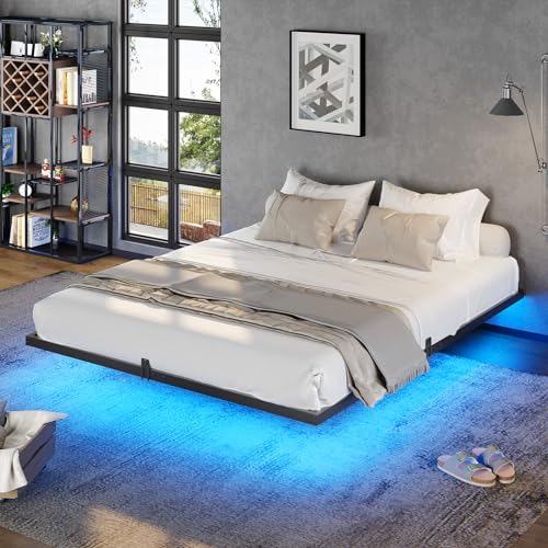 LED Floating Full Bed Frame with Heavy Duty Steel Slats