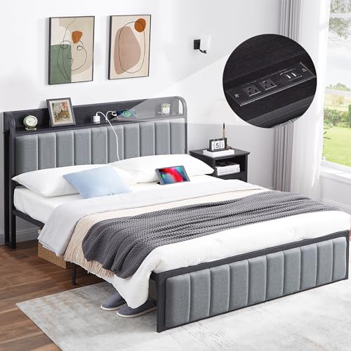 VECELO Full Bed Frame with Upholstered Headboard, Grey