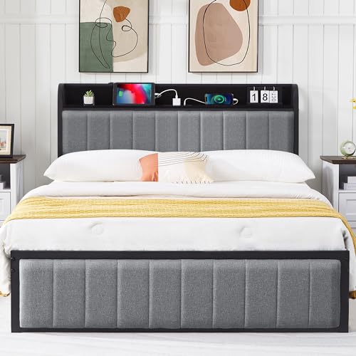 VECELO Full Bed Frame with Upholstered Headboard, Grey