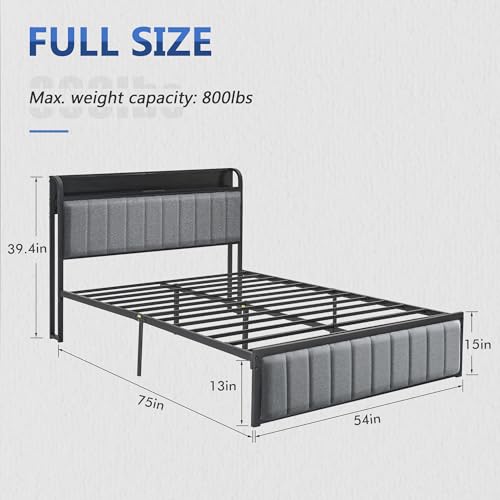 VECELO Full Bed Frame with Upholstered Headboard, Grey